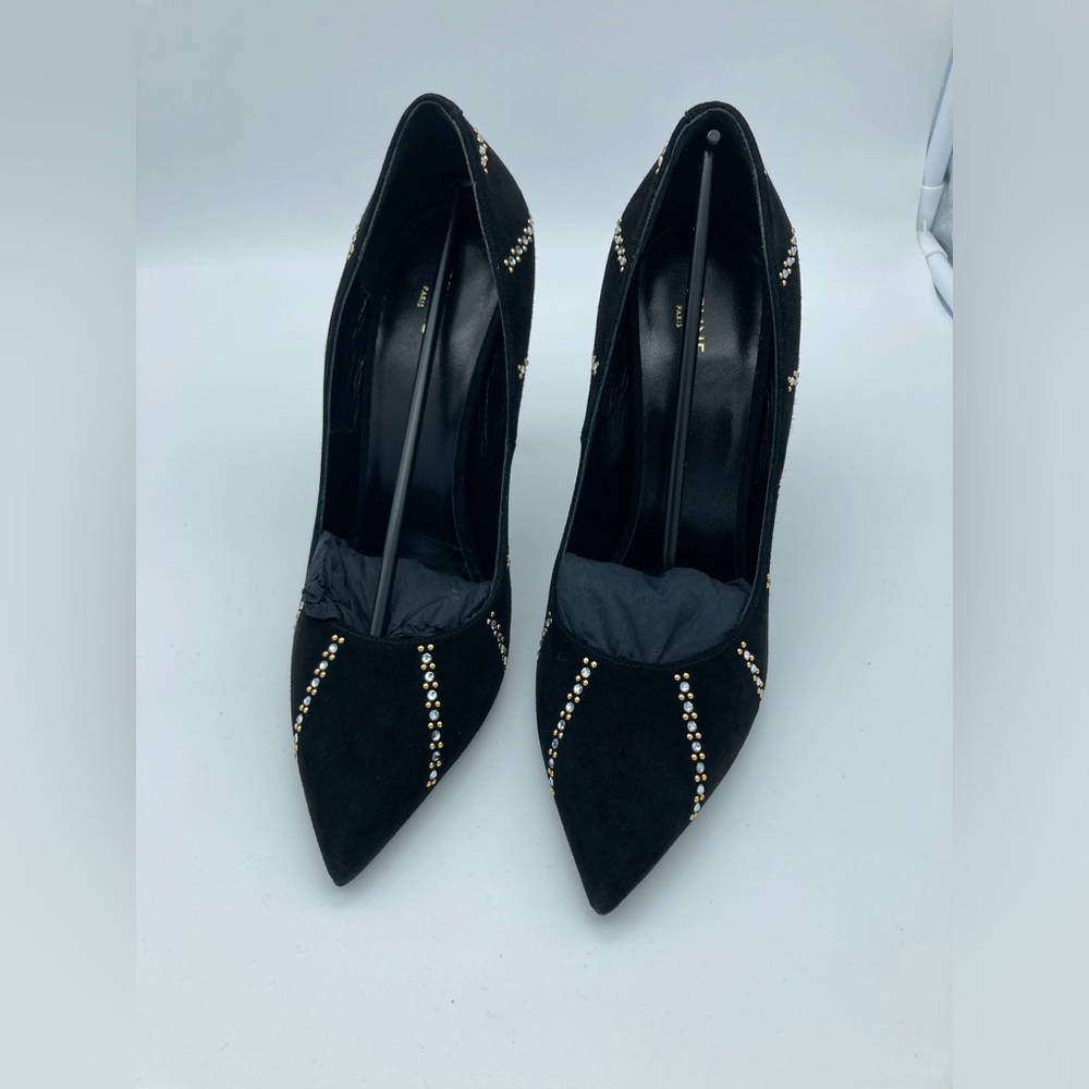 LIKE NEW CELINE SHARP SEUDE STUDDED CRYSTAL ACCENTS PUMPS HEELS 37